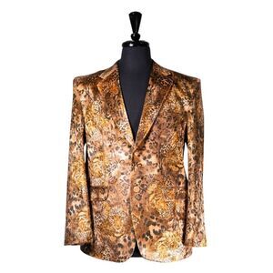 Mens Velvet Blazer Gold Cheetah Print Formal Wedding Party Jacket Sport Coat 36S